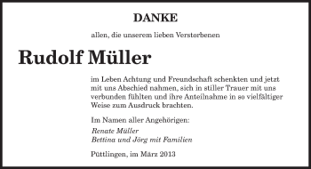 Todesanzeige von Rudolf Müller von Saarbrücker Zeitung